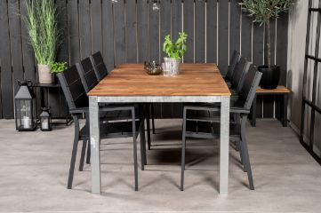 Imagine Cu masa de dining Zenia de 200*100 cm - Acacia / Zink și scaunele Levels (stivuibile) - Alu negru