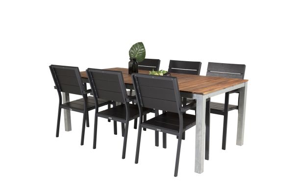 Imagine Cu masa de dining Zenia de 200*100 cm - Acacia / Zink și scaunele Levels (stivuibile) - Alu negru