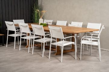 Imagine Masa de dining Kenya 195/295*110*H75 - Teak+Scaun cu brate Santorini (Pliabil) - Alb