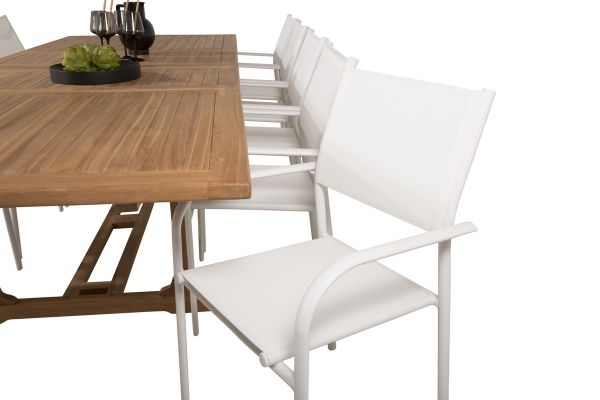 Imagine Masa de dining Kenya 195/295*110*H75 - Teak+Scaun cu brate Santorini (Pliabil) - Alb