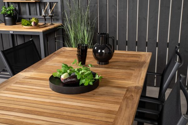 Imagine Masa de dining Panama 160/240*90 - Aluminiu negru / Teak + Scaun cu brate Santorini (Empilabil