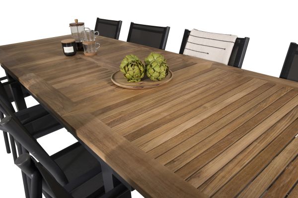 Imagine Masa de dining Panama 160/240*90 - Aluminiu negru / Teak + scaun Santorini (stivuibil