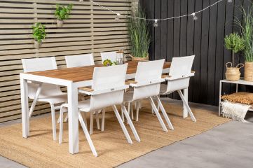 Imagine Masă de dining Bois 200*100cm - Aluminiu alb / Acacia + Scaun de braț Mexico (empilabil) - Alb / Teak _6