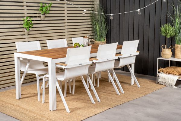 Imagine Masă de dining Bois 200*100cm - Aluminiu alb / Acacia + Scaun de braț Mexico (empilabil) - Alb / Teak _6