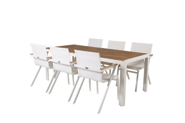 Imagine Masă de dining Bois 200*100cm - Aluminiu alb / Acacia + Scaun de braț Mexico (empilabil) - Alb / Teak _6