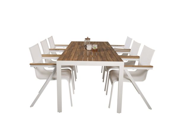 Imagine Masă de dining Bois 200*100cm - Aluminiu alb / Acacia + Scaun de braț Mexico (empilabil) - Alb / Teak _6