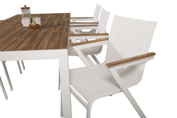 Imagine Masă de dining Bois 200*100cm - Aluminiu alb / Acacia + Scaun de braț Mexico (empilabil) - Alb / Teak _6