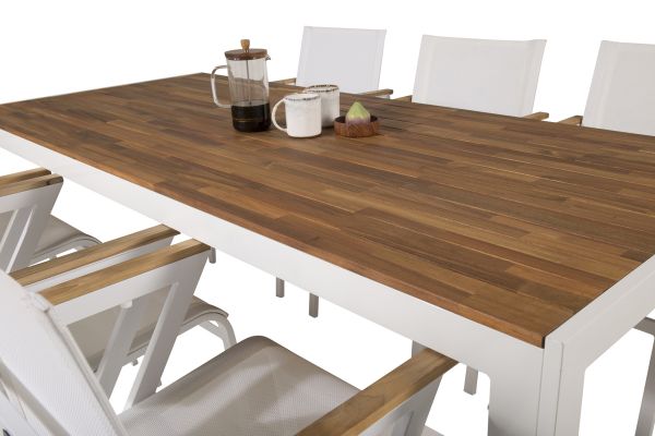 Imagine Masă de dining Bois 200*100cm - Aluminiu alb / Acacia + Scaun de braț Mexico (empilabil) - Alb / Teak _6