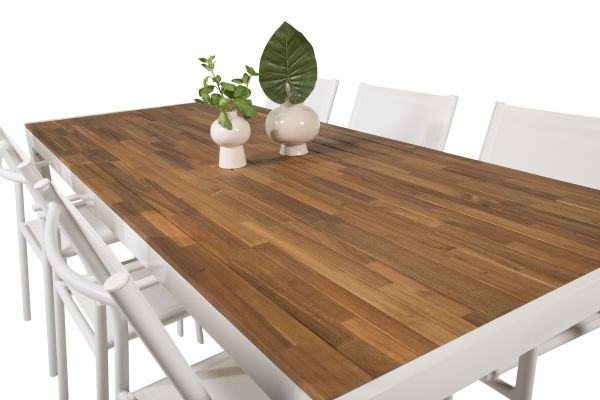 Imagine Masa de dining Bois 200*100cm - Aluminiu Alb / Acacia + Scaun cu brate Santorini (Suprapunere) - Aluminiu Alb / Textilen Alb_6