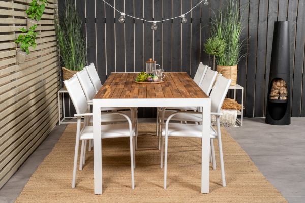 Imagine Masa de dining Bois 200*100cm - Aluminiu Alb / Acacia + Scaun cu brate Santorini (Suprapunere) - Aluminiu Alb / Textilen Alb_6