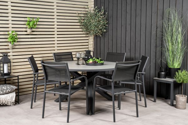 Imagine Parma - Table ø 140 - Black Alu /Grey Aintwood+Santorini Arm Chair (Stackable) - Black alu / Black Textilene_6