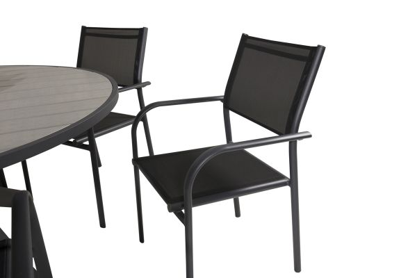 Imagine Parma - Table ø 140 - Black Alu /Grey Aintwood+Santorini Arm Chair (Stackable) - Black alu / Black Textilene_6