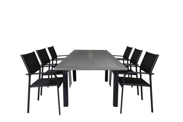 Imagine Masa de dining Albany extensibila 160/240*100 - Aluminiu negru / Gri Aintwood + Scaun de brat Santorini (Se poate stivui) - Aluminiu negru / Textilen negru_6