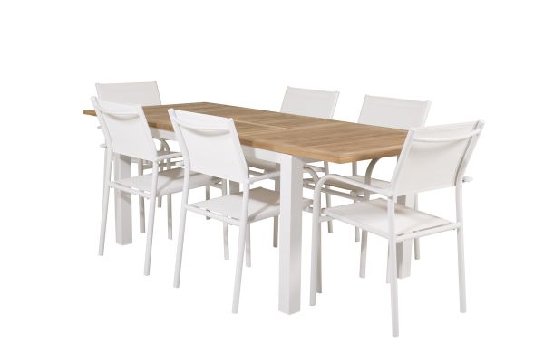 Imagine Masa de Dining Panama 152/210*90 - Alu alb / Teak + Scaun cu brat Santorini (Empilabil) - Alu alb / Textilene alb_6