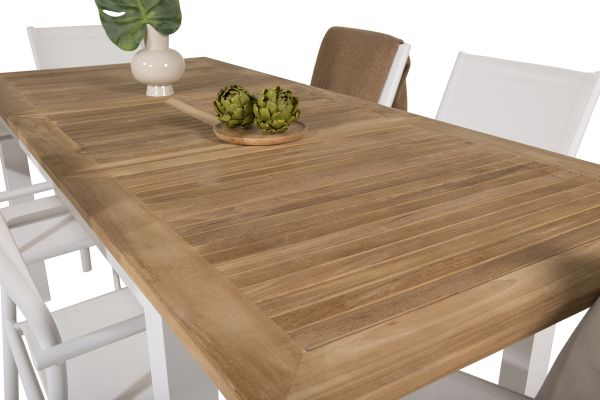 Imagine Masa de Dining Panama 152/210*90 - Alu alb / Teak + Scaun cu brat Santorini (Empilabil) - Alu alb / Textilene alb_6