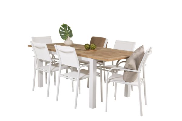 Imagine Masa de Dining Panama 152/210*90 - Alu alb / Teak + Scaun cu brat Santorini (Empilabil) - Alu alb / Textilene alb_6