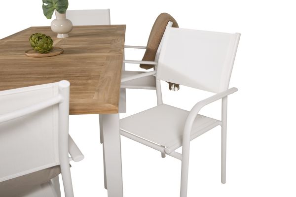 Imagine Masa de Dining Panama 152/210*90 - Alu alb / Teak + Scaun cu brat Santorini (Empilabil) - Alu alb / Textilene alb_6