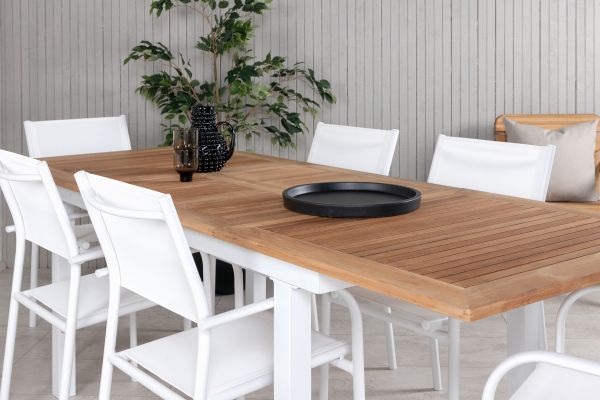 Imagine Masa de Dining Panama 152/210*90 - Alu alb / Teak + Scaun cu brat Santorini (Empilabil) - Alu alb / Textilene alb_6