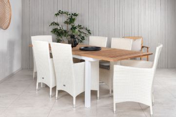 Imagine Masa de dining Panama 152/210*90 - Aluminiu alb / Teak + Scaun cu brate Malin cu perna - Alb / Gri perna_6