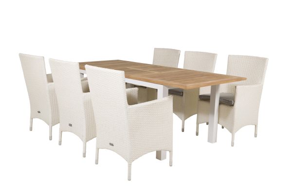 Imagine Masa de dining Panama 152/210*90 - Aluminiu alb / Teak + Scaun cu brate Malin cu perna - Alb / Gri perna_6