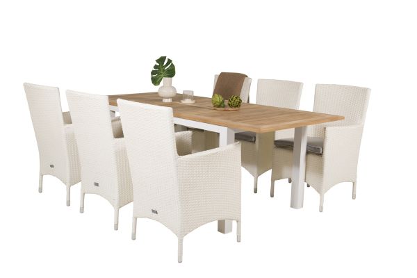 Imagine Masa de dining Panama 152/210*90 - Aluminiu alb / Teak + Scaun cu brate Malin cu perna - Alb / Gri perna_6