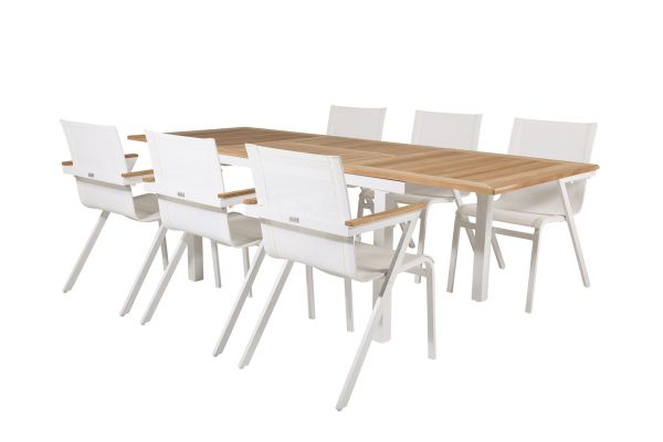 Imagine Masa de dining Panama 160/240*90 - Alu alb / Teak + Scaun Mexico cu brate (pliabil) - Alb / Teak_6