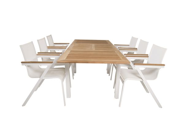 Imagine Masa de dining Panama 160/240*90 - Alu alb / Teak + Scaun Mexico cu brate (pliabil) - Alb / Teak_6