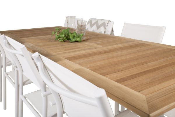 Imagine Masa de Dining Panama 160/240*90 - Aluminiu Alb / Teak + Scaun de Brat Santorini (Empilabil