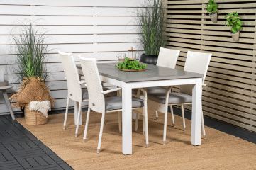 Imagine Masa de dining Albany extensibila 152/210*90 - Aluminiu alb / Rattan gri + Scaun brat Anna (stivuibil) - Alb_4