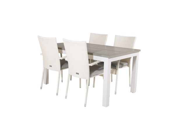 Imagine Masa de dining Albany extensibila 152/210*90 - Aluminiu alb / Rattan gri + Scaun brat Anna (stivuibil) - Alb_4