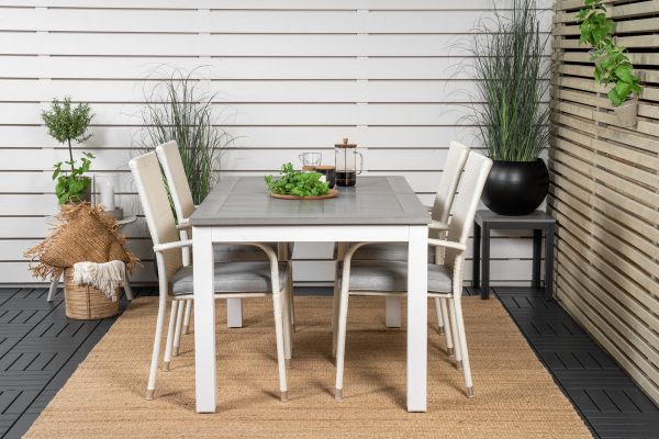 Imagine Masa de dining Albany extensibila 152/210*90 - Aluminiu alb / Rattan gri + Scaun brat Anna (stivuibil) - Alb_4