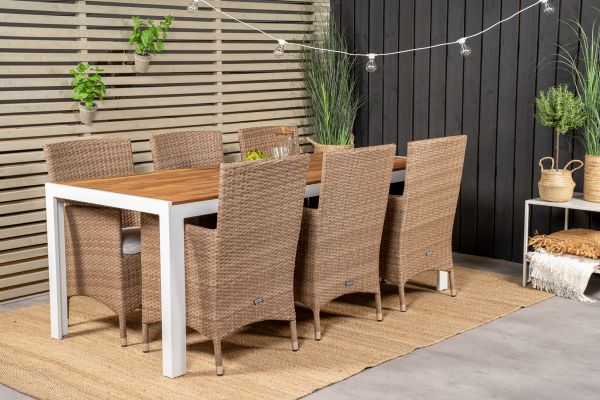 Imagine Masa de dining Bois 200*100cm - Aluminiu alb / Acacia + Scaun de braț Malin cu pernă - Natural / Pernă de nisip_6