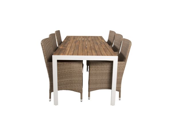 Imagine Masa de dining Bois 200*100cm - Aluminiu alb / Acacia + Scaun de braț Malin cu pernă - Natural / Pernă de nisip_6