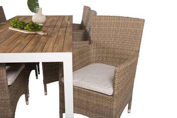 Imagine Masa de dining Bois 200*100cm - Aluminiu alb / Acacia + Scaun de braț Malin cu pernă - Natural / Pernă de nisip_6