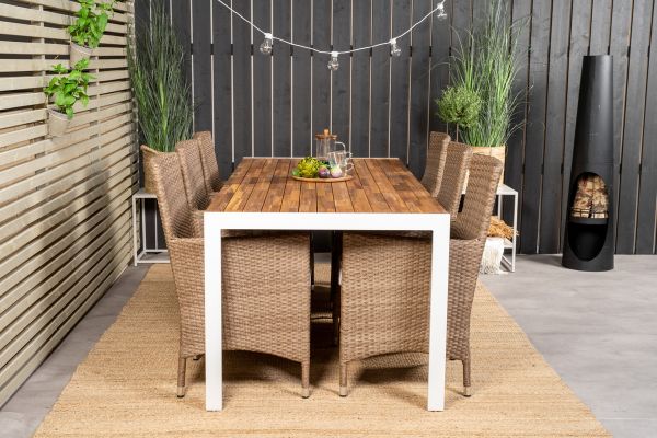 Imagine Masa de dining Bois 200*100cm - Aluminiu alb / Acacia + Scaun de braț Malin cu pernă - Natural / Pernă de nisip_6