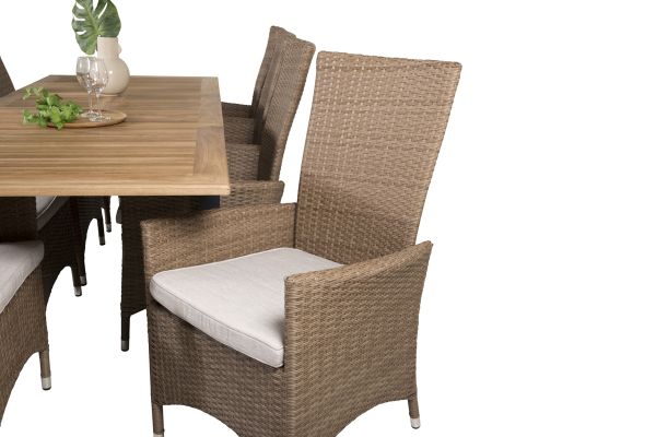 Imagine Tabel de dining Panama 160/240*90 - Aluminiu negru / Teak + Scaun reclinabil Padova cu pernă - Natural / Pernă nisip_8