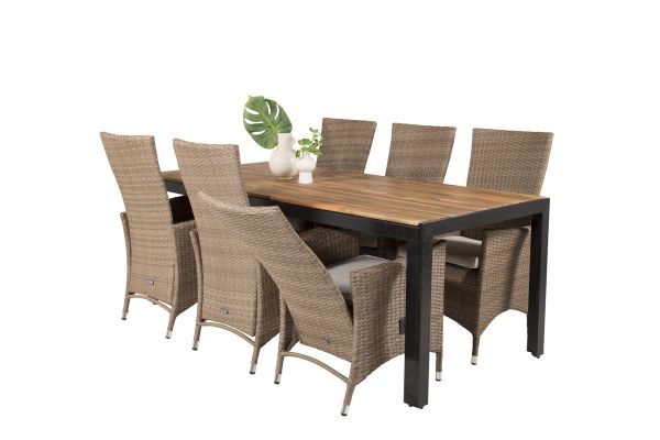 Imagine Masa de dining Bois 200*100cm - Picioare negre / Acacia + Scaun reclinabil Padova cu pernă - Natură / Pernă de nisip_6