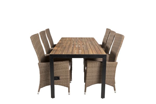 Imagine Masa de dining Bois 200*100cm - Picioare negre / Acacia + Scaun reclinabil Padova cu pernă - Natură / Pernă de nisip_6