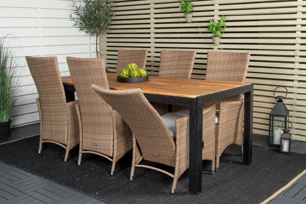 Imagine Masa de dining Bois 200*100cm - Picioare negre / Acacia + Scaun reclinabil Padova cu pernă - Natură / Pernă de nisip_6