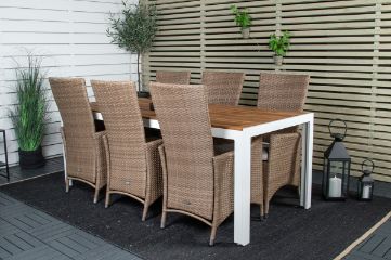 Imagine Masa de dining Bois 200*100cm - Alu alb / Acacia + Scaun cu brate Padova cu pernă înclinabil - Natură / Pernă de nisip_6