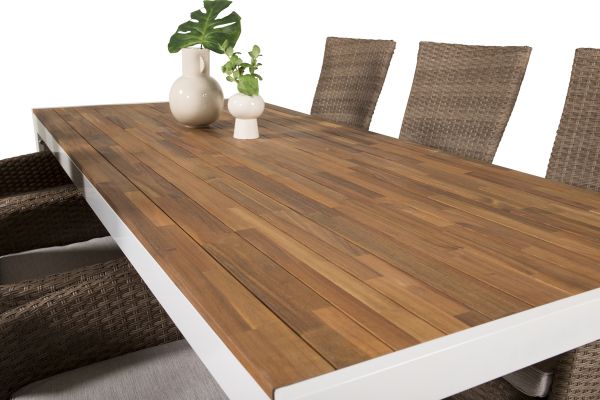 Imagine Masa de dining Bois 200*100cm - Alu alb / Acacia + Scaun cu brate Padova cu pernă înclinabil - Natură / Pernă de nisip_6