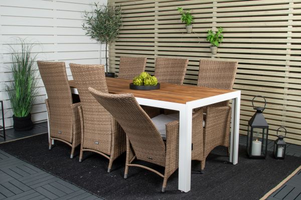 Imagine Masa de dining Bois 200*100cm - Alu alb / Acacia + Scaun cu brate Padova cu pernă înclinabil - Natură / Pernă de nisip_6