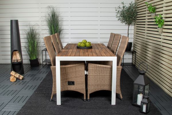 Imagine Masa de dining Bois 200*100cm - Alu alb / Acacia + Scaun cu brate Padova cu pernă înclinabil - Natură / Pernă de nisip_6