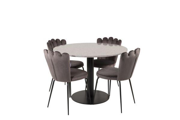 Imagine Masa de dining Razzia de 106 cm - Terazzo Gri / Negru+Limhamn Light - Scaun - Catifea Gri_4