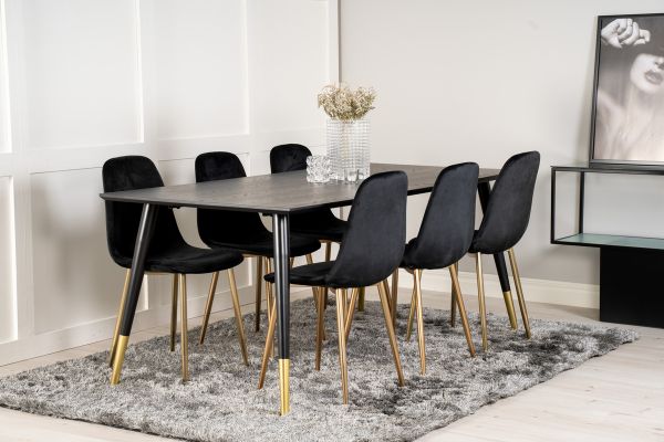 Imagine Dipp Dining Table - 180*90cm - Black Veneer / black legs w brass dipp +Polar Matstol - Matt Mässing / Svart Sammet_6