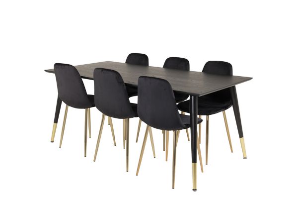 Imagine Dipp Dining Table - 180*90cm - Black Veneer / black legs w brass dipp +Polar Matstol - Matt Mässing / Svart Sammet_6