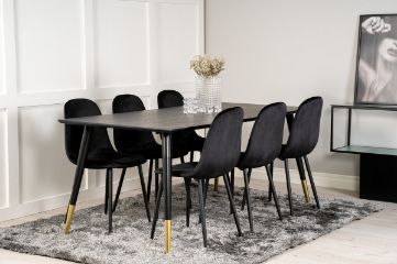 Imagine Masa de dining Dipp - 180*90cm - Furnir negru / picioare negre cu dipo de aramă + scaun de dining Polar - Picioare negre / Catifea neagră_6