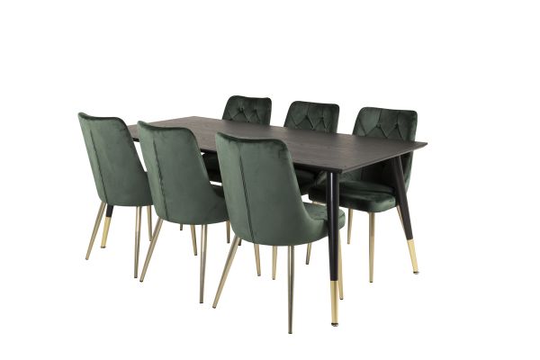 Imagine Masa de dining Dipp - 180 * 90 cm - Furnir negru / picioare negre cu messing Dipp + Scaun de dining Velvet Lyx - Otel inoxidabil mat / Catifea verde muschi_6