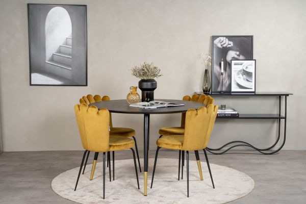 Imagine Dipp Dining Table - 115cm - Black Veneer / black legs w brass dipp +Limhamn Light - Chair - Gold Velvet_4