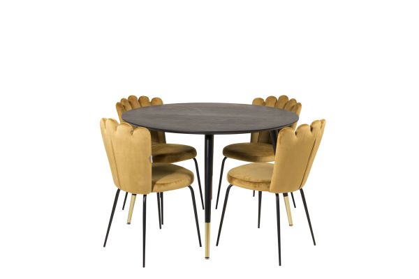 Imagine Dipp Dining Table - 115cm - Black Veneer / black legs w brass dipp +Limhamn Light - Chair - Gold Velvet_4